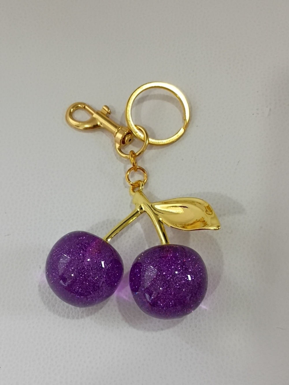 Gold Cherry Keychain/Bag Charm with Sparkling Purple Cherries